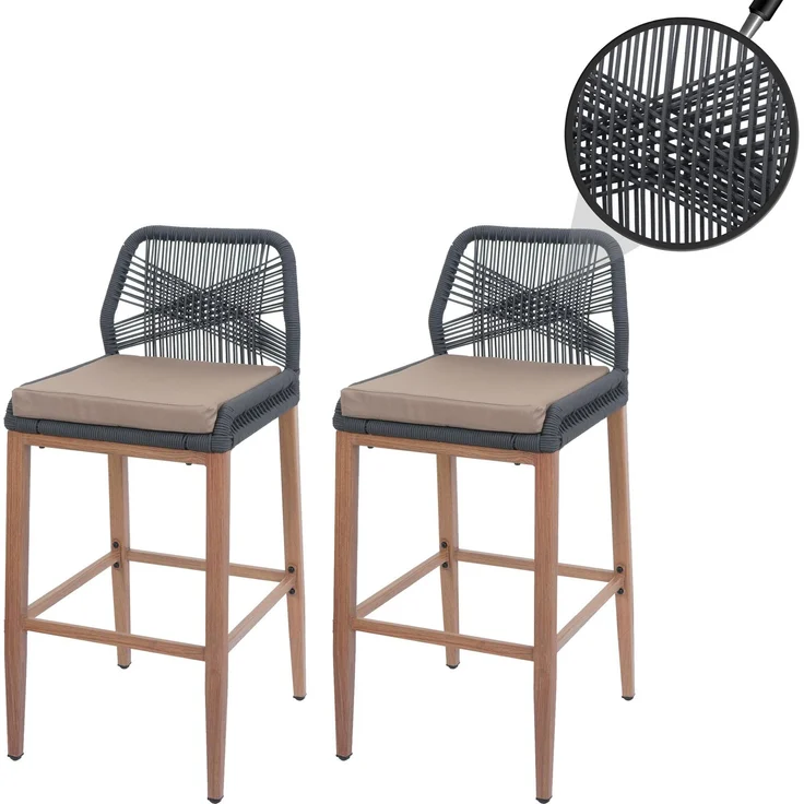2er-Set Rope-Barhocker HWC-O21, Outdoor Sitzpolster Seilgeflecht Metall Holz-Optik ~ anthrazit, Kissen taupe – Bild 1