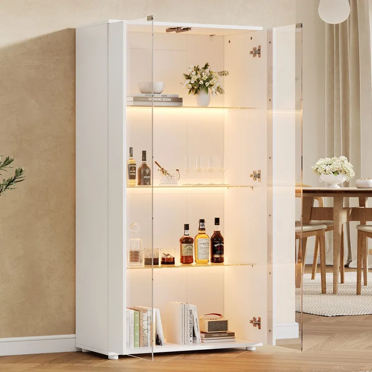 Vitrinenschrank 80x36x150,5 cm in Weiß mit 2 Glastüren und LED-Beleuchtung