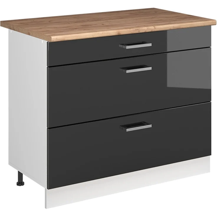 Küchenunterschrank R-Line Anthrazit Hochglanz/Weiß 100 cm Arbeitsplatte Goldkraft Eiche Vicco – Bild 1