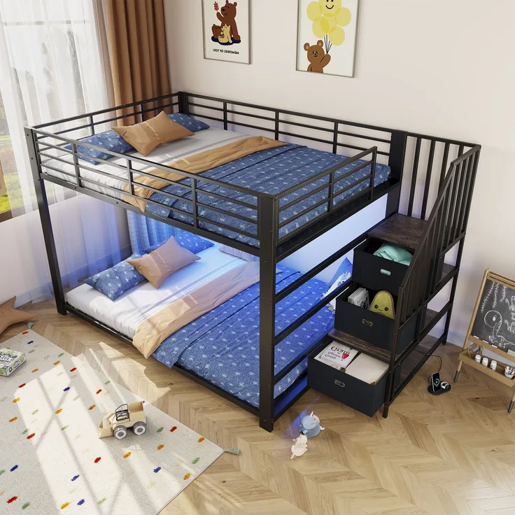 Rayofly-Metall Etagenbett H200cm x T140cm x B140cm, für Erwachsene, Treppe, Stauraum, LED-Lichtband, Steckdose, Treppe links/rechts montierbar, Schwarz