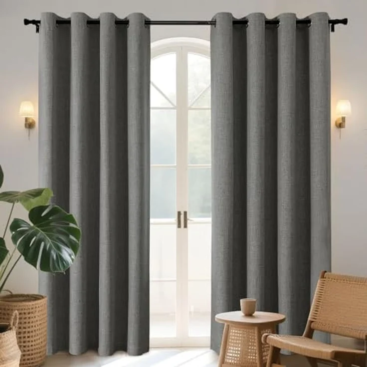 Joydeco Verdunkelungsvorhänge Gardinen für Schlafzimmer, wärmeisoliert, Raumverdunkelung, 2 Vorhänge aus Kunstleinen, für Wohnzimmer, Ösen Oben (132,1x182,9 cm, grau) – Bild 1