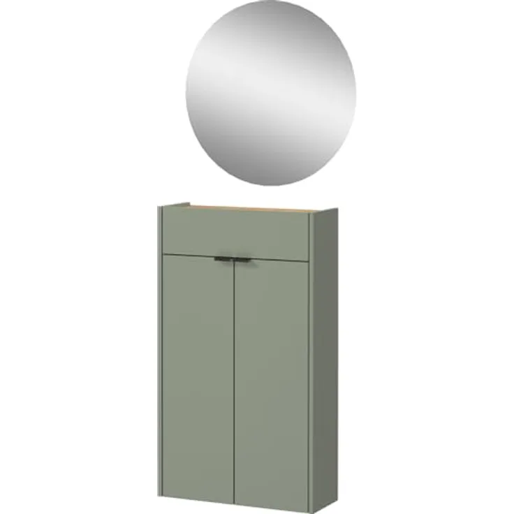 XXXL Garderobe GW-Ameca, 2-teilig in Taupegrün mit Schuhschrank und runden Spiegel, Eiche, Glas, 56x200x22 cm