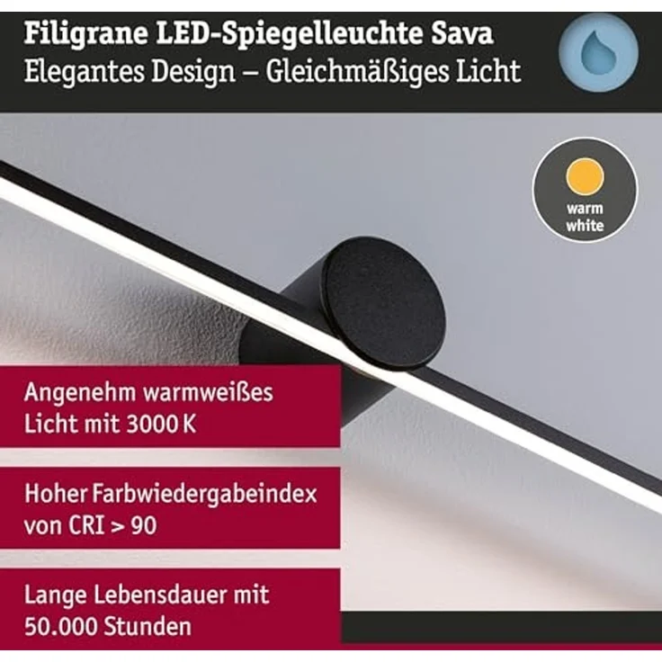 Paulmann 75413 LED Spiegelleuchte Sava 120cm 3000K Schwarz IP44 – Bild 4