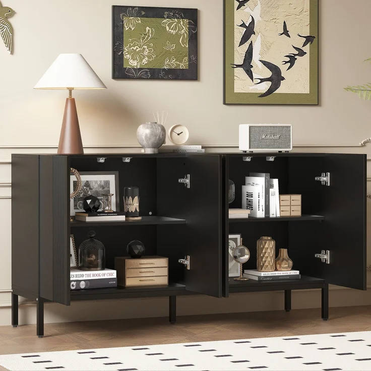 Merax Modernes Sideboard, Kommode, mit einzigartiger Linie, 4-türig, grifflose Tür, für Esszimmer, Wohnzimmer und Küche (Schwarz) – Bild 2