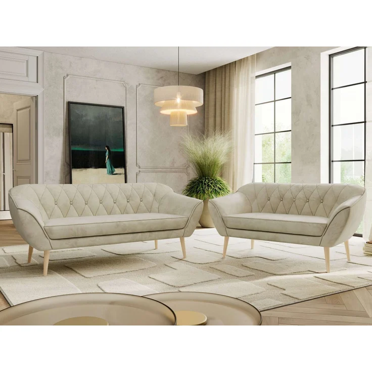 Skandinavisches Sofa Set PIRS 3-2, Komplettset, Wellenfederung, Buche Füße, Sitzgruppe, Polstermöbel Set - Beige Velvet – Bild 4