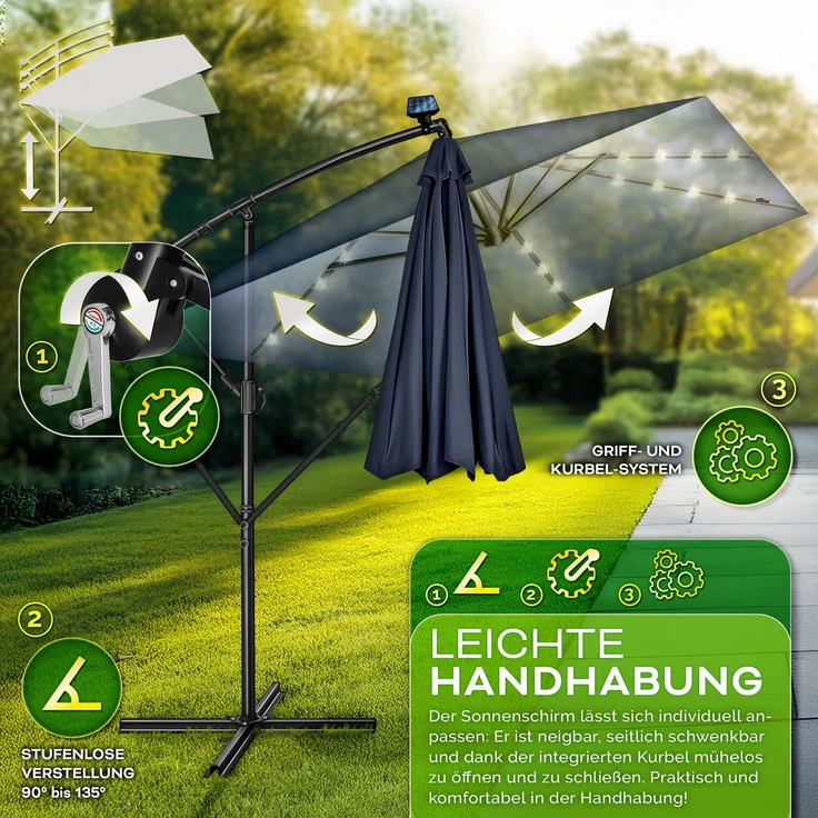tillvex® Alu Sonnenschirm Rechteckig Ø 330 cm mit LED Solar Navy-Blau + Abdeckung mit Kurbel | Ampelschirm mit Ständer & Windschutz | Gartenschirm UV-Schutz, wasserdicht, 360° drehbar | Kurbelschirm Marktschirm – Bild 5