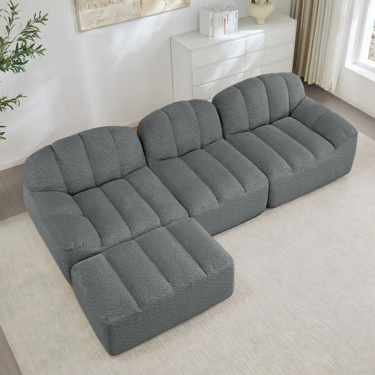 EINHOM 3-Sitzer L-förmiges Modulares Sofa mit 1 Ottoman, Boneless Sofa aus 32D Hochdichtschaum, tiefe Sitzfläche, ideal für Wohnzimmer, weicher Stoff, Grau – Bild 4