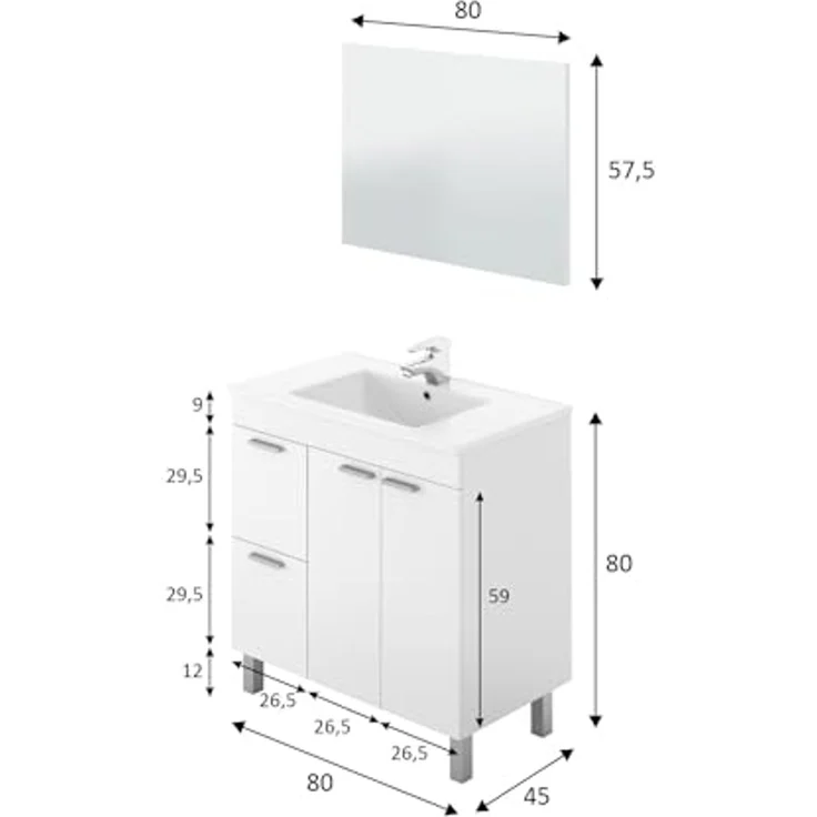 Dmora - Lakewood Waschtischunterschrank, Badezimmerschrank, 2-türiger Kleiderschrank mit zwei Schubladen mit Spiegel, Waschbecken nicht im Lieferumfang enthalten, 80 x 45 x 80 cm, glänzendes Weiß – Bild 3