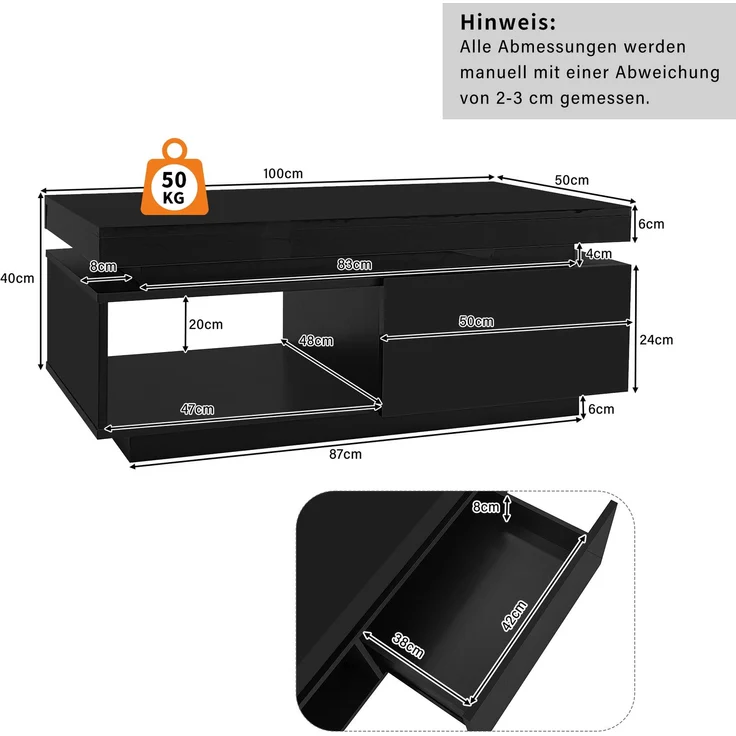 Merax TV-Wandschrank-Set, schwarzer TV-Schrank + schwarzer Couchtisch, schwarzer Hochglanz-Wandschrank, Wohnzimmerset, Hochglanz-Set mit LED-Leuchten – Bild 3