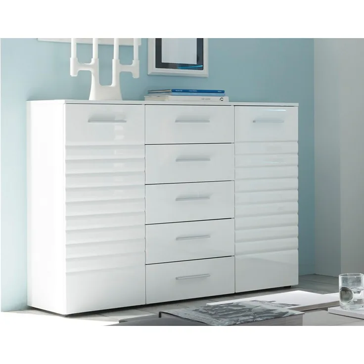 Sideboard 'NEW LONG', Weiß Hochglanz, 2-türig mit 5 Schubkästen