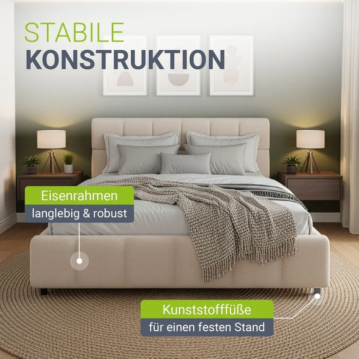 Juskys Polsterbett Florenz 140 x 200 cm – Bouclé, modernes Bett mit Kopf- & Fußteil, stabilem Holz- & Metallrahmen, Lattenrost, 500 kg Tragkraft – Beige – Bild 6