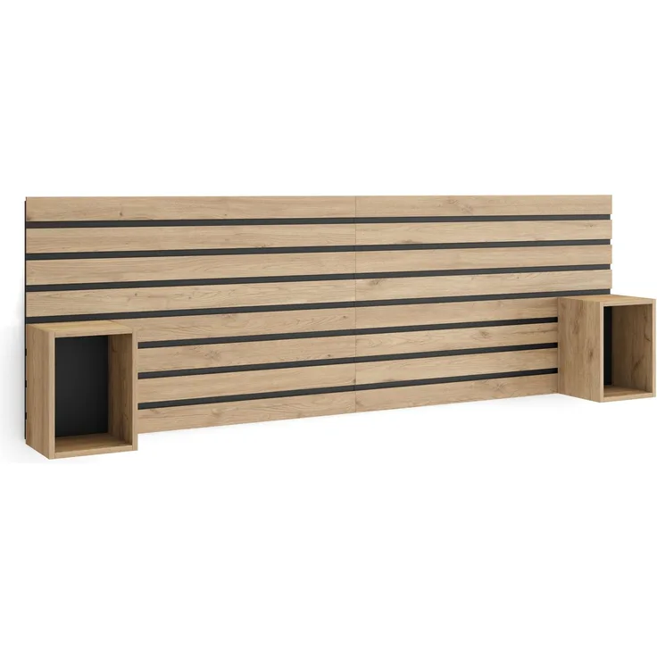 Skraut Home | Kopfteil, Nachttischen | Lamellenwand Holz | 214 x 70 x 3 | 135,140,150,160 cm Bett | Stauraum | Moderner Stil | Eiche
