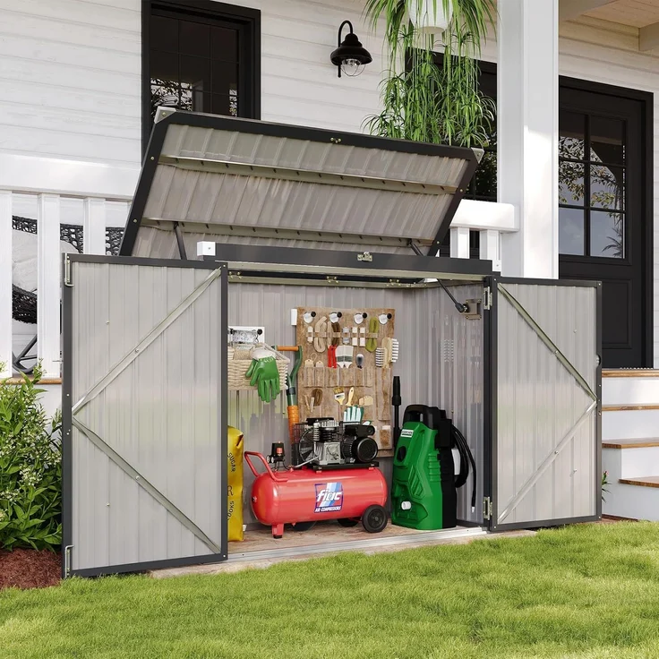 Aoxun 150x117x80cm Metall Gerätehaus, Mülltonnenbox für 2 Tonnen, Wetterfester Gartenschrank mit Kettenzug-Deckel & Gasdruckfeder, zu öffnende Front- & Top-Türen, Schwarz – Bild 8