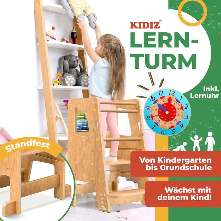 KIDIZ® Lernturm für Kinder ab 1 Jahr inkl. Lernuhr | 3-stufig Höhenverstellbarer Tritthocker aus Kiefernholz | spielerisch motorische Fähigkeiten fördern Montessori Learning Tower bis 50 kg belastbar Hellbraun – Bild 2