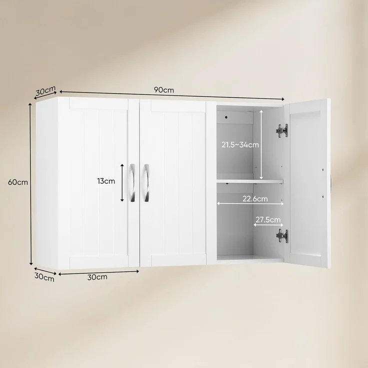 Sweetcrispy Hängeschrank Badezimmer, schmaler Wand-Organizer mit verstellbaren Regalböden, für Bad/Küche/Waschraum/Flur, Weiß, 90 x 30 x 60 cm – Bild 3