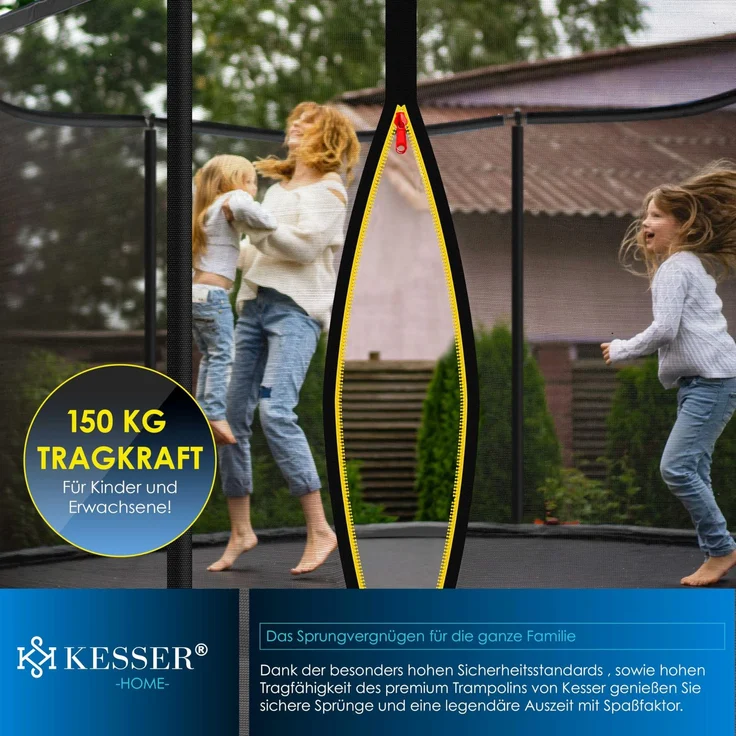 KESSER® - Trampolin | TÜV Rheinland GS Zertifiziert | Komplettset mit Sicherheitsnetz, Leiter, Randabdeckung, Seitentasche & Zubehör | Kindertrampolin Gartentrampolin Belastbarkeit 150 kg Orange, 427 cm – Bild 6