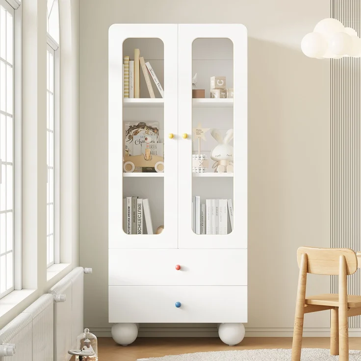 ZUBALIYA Glasvitrine, Kinder-Aufbewahrungsschrank, Bücherregal mit Schubladen, Büroschrank, Figurenvitrine, Bunte Keramikgriffe, Kugelförmige Schrankfüße,, Multifunktionsschrank, Weiß, 60 x 35 x 140 cm – Bild 3