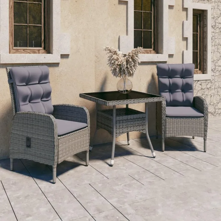 vidaXL 3-tlg. Garten-Essgruppe Poly Rattan und Glas Grau 3058522