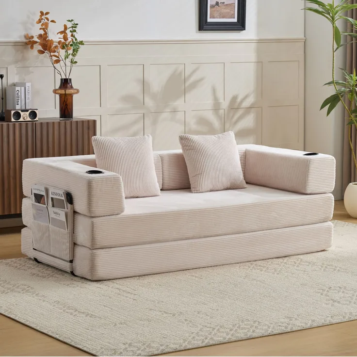Schlafsofa aus Cord, klappbar mit Becherhaltern und Seitentaschen, 185x92,5x60 cm, Weiß