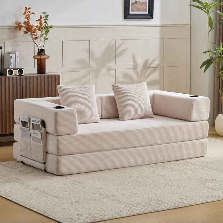 Schlafsofa aus Cord, klappbar mit Becherhaltern und Seitentaschen, 185x92,5x60 cm, Weiß – Bild 1
