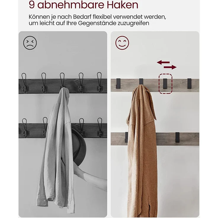 Vasagle Garderobenständer, Garderobe, Schuhregal mit Sitzfläche, Kleiderständer mit 9 abnehmbaren Haken, Sitzbank, 2 Gitterablagen, 183 cm hoch, Indus [HSR40 MB] – Bild 4