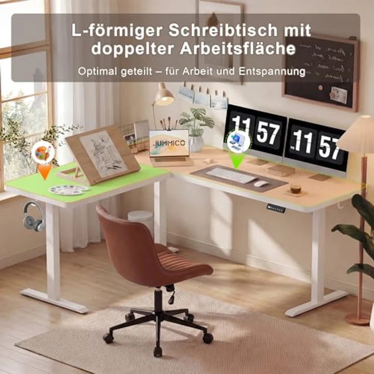 JUMMICO Höhenverstellbarer Schreibtisch L-förmig mit 3 Speicherhöhen & Kabelmanagement, 160x140 cm Eckschreibtisch Höhenverstellbar, Ergonomischer Computertisch für Homeoffice & Gaming, Weiß – Bild 3