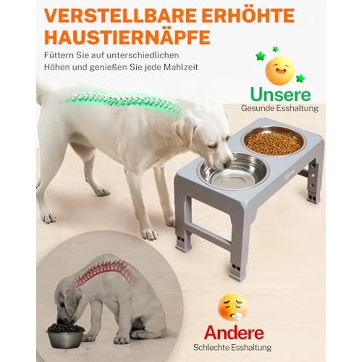 LuxusKollektion 'Toozey' Futternapf höhenverstellbar (2 Schüsseln) 1200 ml, Edelstahl grau – Bild 4