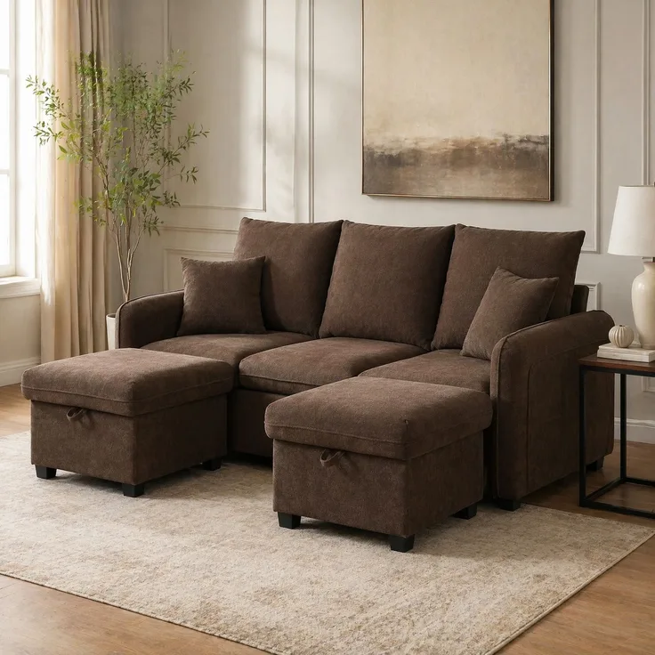 DESVIAE Sofa mit Schlaffunktion und Stauraum, Chenille, Braun, 188 x 186 x 86 cm