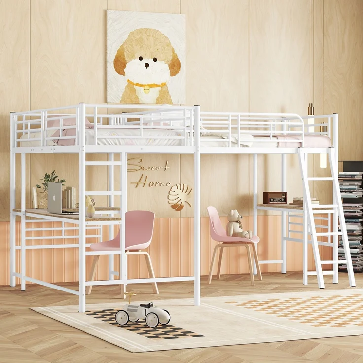 Bett 90x200 cm Hochbett mit Tisch und hohem Geländer, Metallrahmen, platzsparendes Zwei-Ebenen-Design – Bild 5