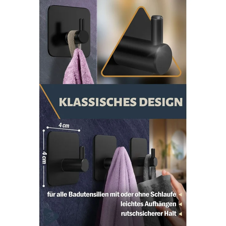 Lindenstein Handtuchhaken 6er-Set Schwarz – Edelstahl V2A, selbstklebend mit 3M-Pads – Bild 3