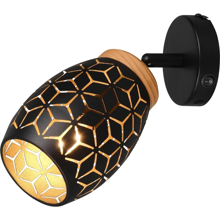 Wandstrahler BIDAR Schwarz Gold mit Schalter & Stanzmuster, Breite 12cm