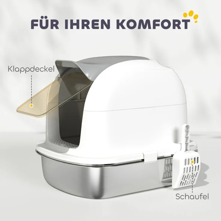Katzenklo Edelstahl mit Deckel, Katzentoilette mit Wanne, Streuschaufel, für Katze unter 5 kg, 52,4 x 41,3 x 42 cm, Weiß--Weiß--52.4x41.3x42cm--YOUDENOVA – Bild 7