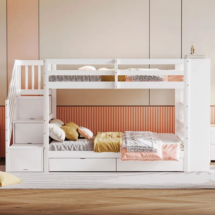 Hochbett Weiß Grau 90x200 Mit Sicherheitstreppe Schubladen Stauraum Massivkiefer 120kg Tragkraft Jugendzimmer Kompakt