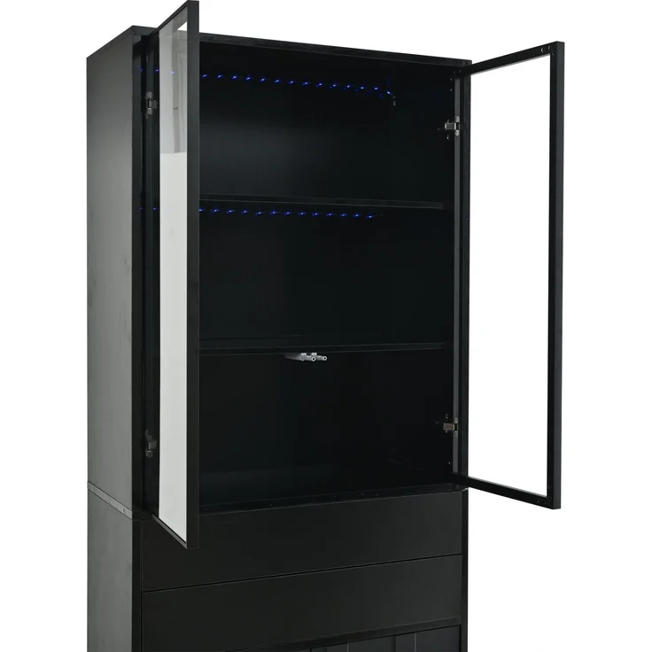ZUBALIYA Hochschrank mit Glasschranktüren / Hochschrank Glasvitrine mit LED, mit küche und arbeitszimmer, 70 x 34 x 180 cm LED Display Vitrine Mit 2 Schubladen, Schwarz, fürs Wohnzimmer – Bild 11
