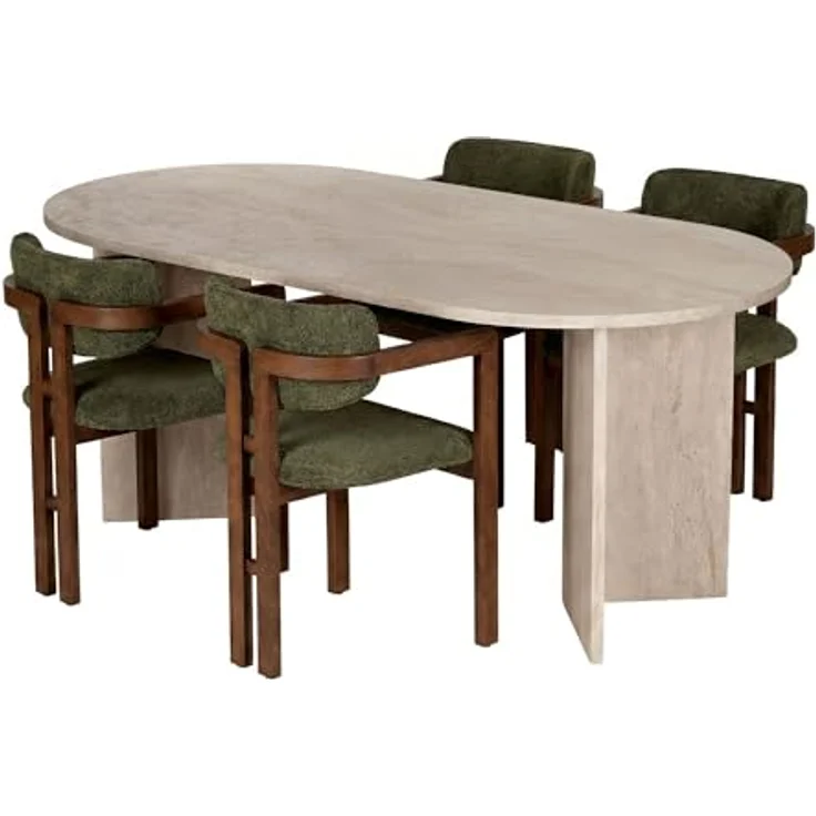 Hanah Home Elegantes 5-teiliges Esszimmer-Set mit Tisch und Stühlen, Travertin & Walnuss, 180 x 90 cm | Gestell aus 100% Melamin und Buche | Pflegeleichter Stoff – Bild 1