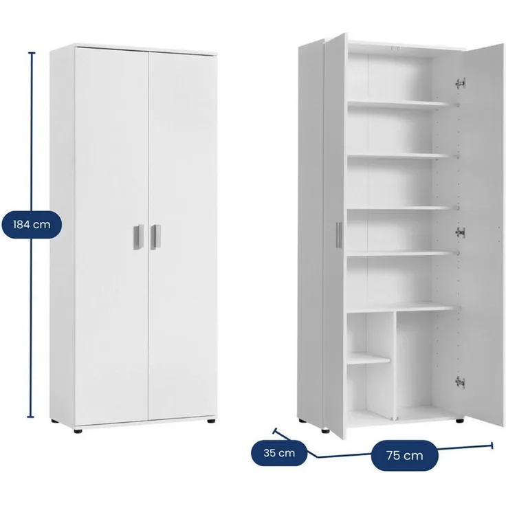 Home Collective Mehrzweckschrank 75 cm breit mit Einlegeböden 75 x 35 x 184 cm (BxTxH) Weiß mit 2 Türen & 6 Einlegeböden