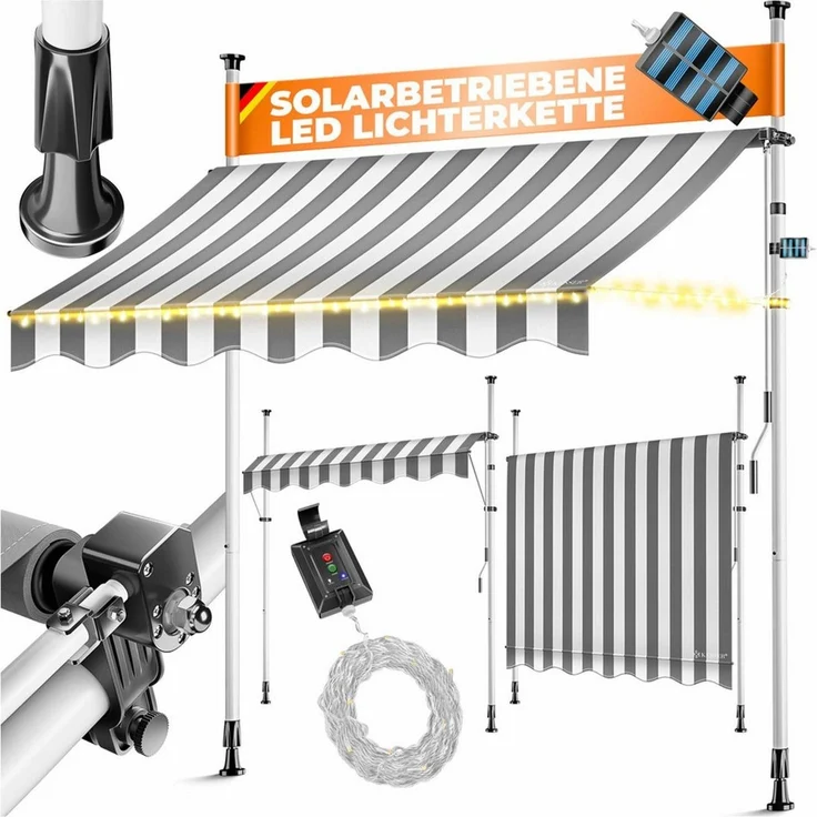 KESSER® Klemmmarkise mit Handkurbel & LED Lichterkette | Balkonmarkise ohne Bohren | Markise UV-beständig höhenverstellbar & wasserabweisend | Sonnenschutz für Balkon Terrasse & Garten Weiß / Grau, 150 cm – Bild 1