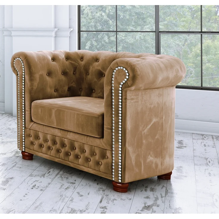 S-Style Möbel Chesterfield-Sessel Leeds aus Samt-Stoff mit Holzfüßen, mit Wellenfederung – Bild 1