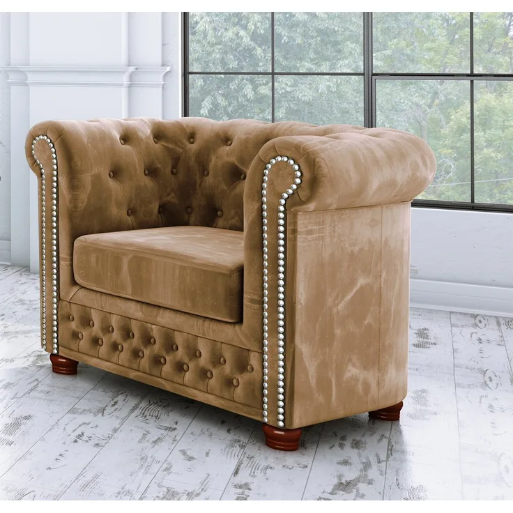 S-Style Möbel Chesterfield-Sessel Leeds aus Samt-Stoff mit Holzfüßen, mit Wellenfederung