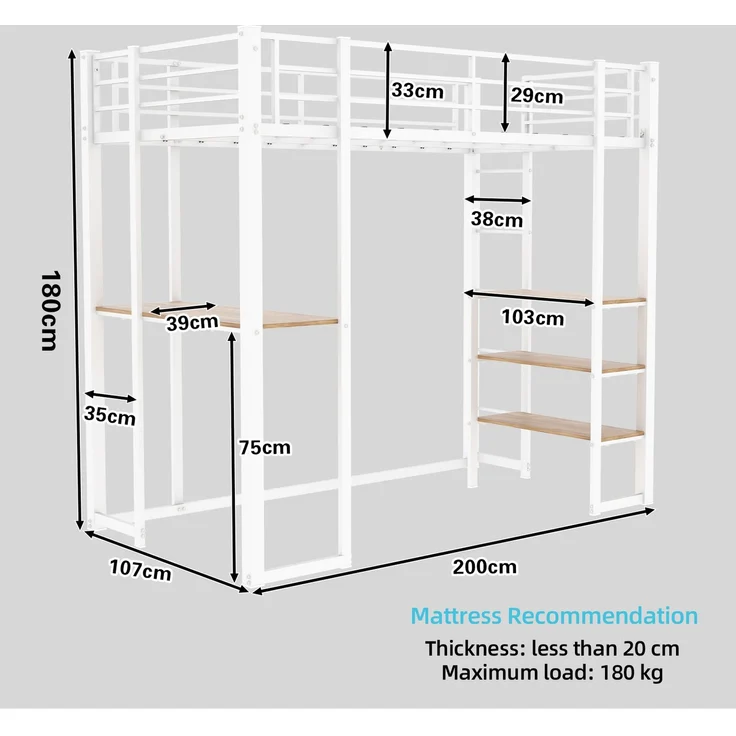 Wohnora-Eisenbettgestell mit Bett und Tisch, Maße 90*190 cm, geeignet für Kinder- und Jugendzimmerbetten, Eisenbettgestell mit Geländer und Treppen, mit Speicherplatz unter dem Bett,Weiß – Bild 4
