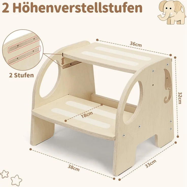 OSTWOLKE Tritthocker mit 2 Stufen Holzhocker für Kinder Montessori Hocker (1 St), Kindertreppchen Schemel für Bad, Küche, Kinderzimmer ab 2 Jahre – Bild 4