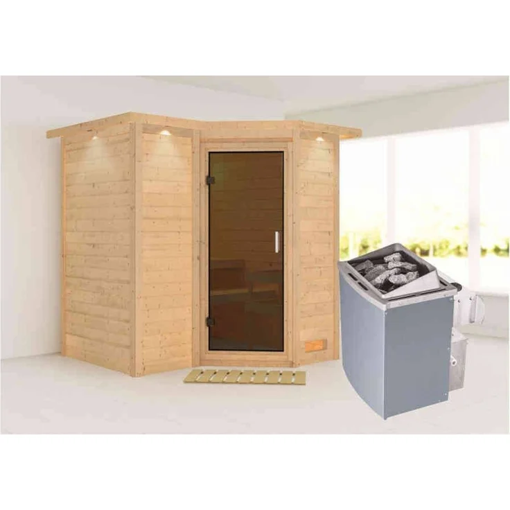 Karibu Sauna Sahib 1 mit Dachkranz + 9kW Saunaofen mit integr. Steuerung Graphit-Ganzglastür – Bild 1