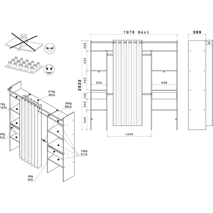 Parisot Kleiderschrank mit Vorhang Combi in weiß und grau 198 cm – Bild 6