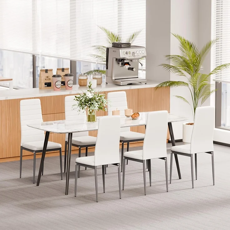 VEVOR moderner Esszimmerstuhl (6 STK.) eleganter gepolsterter Leder-Beistellstuhl (136 kg belastbar) für Esstische, platzsparender Küchentischstuhl mit dicken Kissen & Metallbeinen, Weiß Cafeteria – Bild 8
