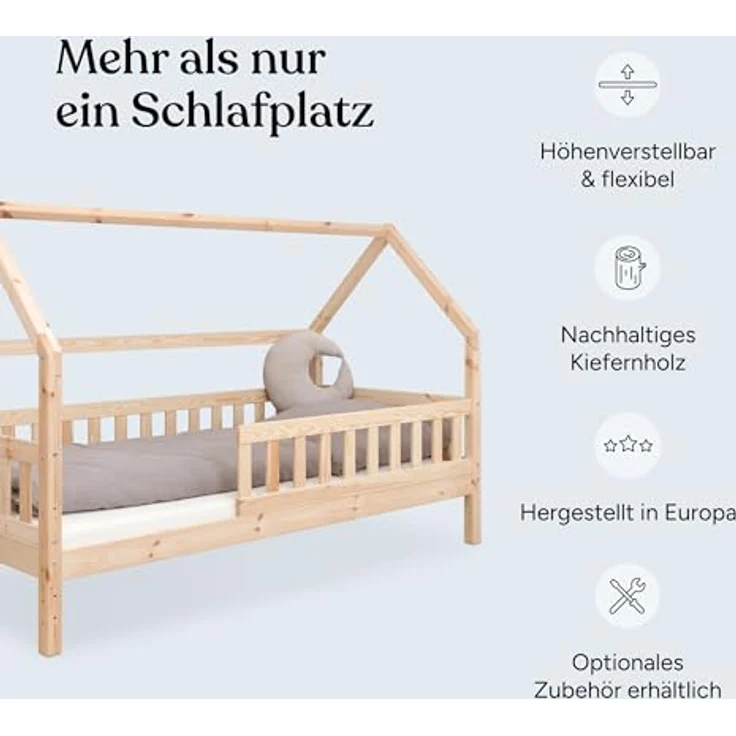 Ehrenkind Hausbett aus nachhaltigem Kiefernholz (mit abnehmbarem Rausfallschutz aus nachhaltigem Holz, Erhältlich in Natur und Weiß Kinderbett 80x160/90x200 cm), höhenverstellbar, nachhaltiges Kiefernholz, hergestellt in Europa – Bild 4