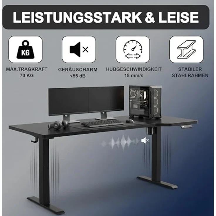 JUMMICO HöHenverstellbarer Schreibtisch 160x70 cm L-förmiger Schreibtisch Höhenverstellbar Elektrisch,Ergonomie Gaming Tisch mit Haken (Schwarz) – Bild 4