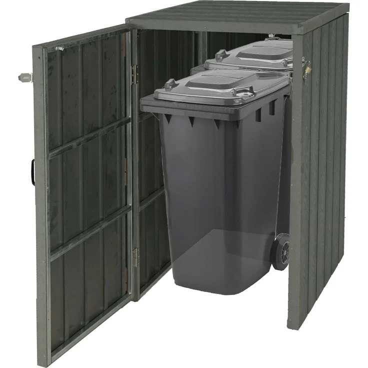 XL 1er-/2er-WPC-Mülltonnenverkleidung HWC-J28, Premium Mülltonnenbox, Metall Holzoptik, erweiterbar ~ grau – Bild 1
