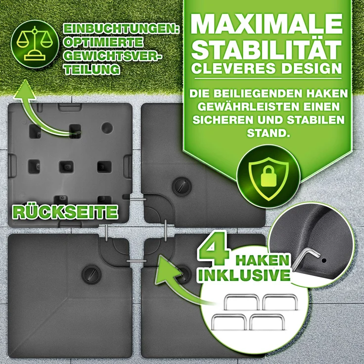 tillvex® Sonnenschirmständer Anthrazit 90 Liter / 120 kg – 4-teilig für Ampelschirm inkl. Metallverbinder | Schirmgewicht befüllbar mit Wasser oder Sand | Schirmständer Ampelschirmständer wetterfest – Bild 10