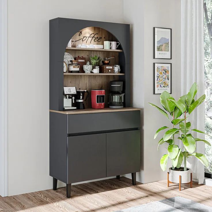 Roomart Küchenschrank VENEDIK 90×179×42 cm – Moderner Buffet- & Mehrzweckschrank mit Schublade, Türen & verstellbaren Einlegeböden – Mikrowellenschrank & Aufbewahrungsschrank für Küche, Esszimmer & Wohnzimmer • Anthrazit-Eiche