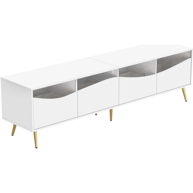 Merax 180cm TV-Schrank Lowboard mit LED-Beleuchtung, holzfarbener Korpus, goldenen Metallfüßen, Glasfront & Stauraum, Weiß – Bild 8